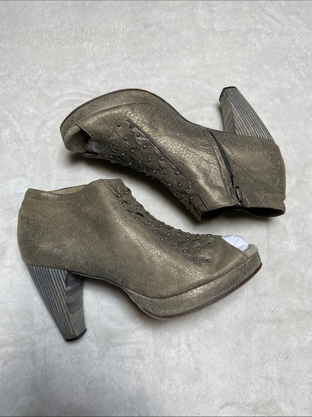 Calleen Cordero Studded Metallic Taupe Open-Toe Heeled Ankle Booties Size 7